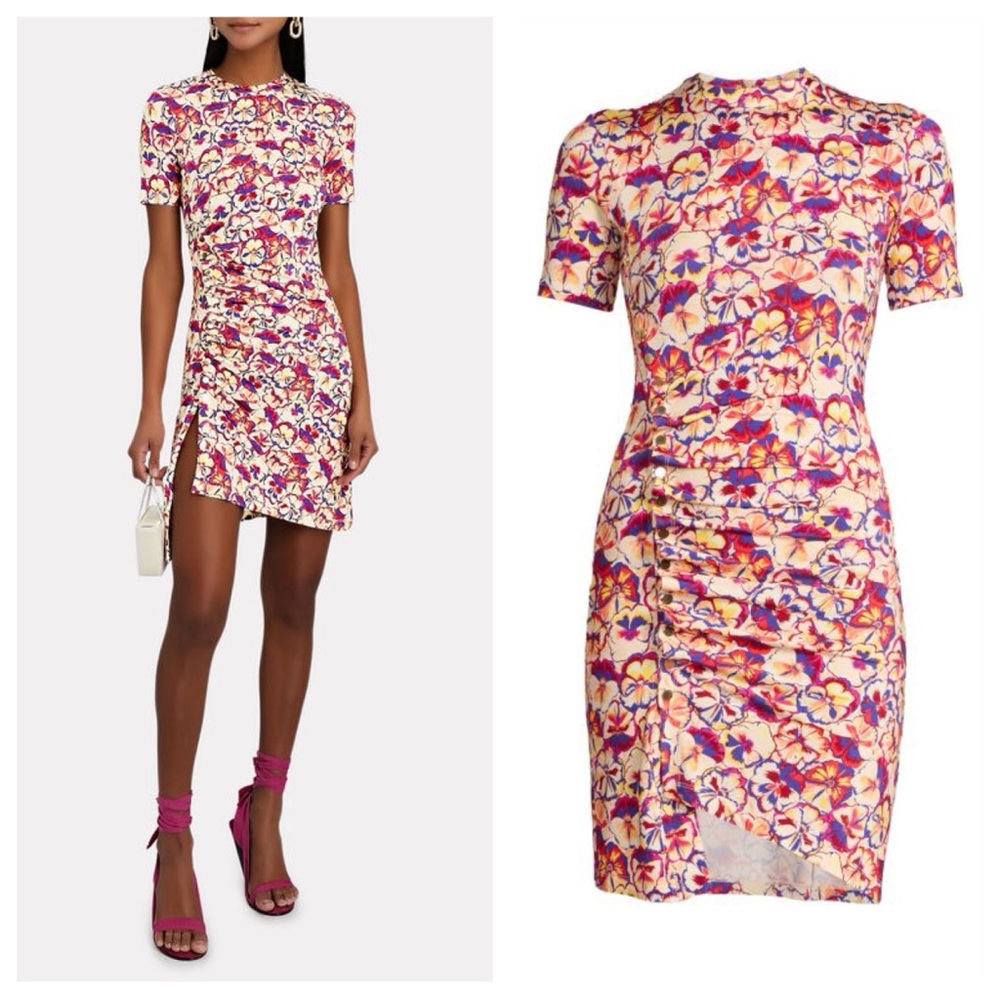 Paco Rabanne Sunny Pansy Floral Pleated Asymmetric Bodycon Mini Dress 38